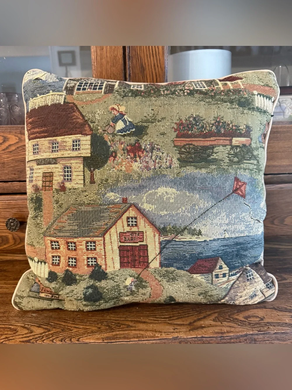 VTG Seaside Americana Town Embroidered Tapestry Granny Cottage Throw Pillow